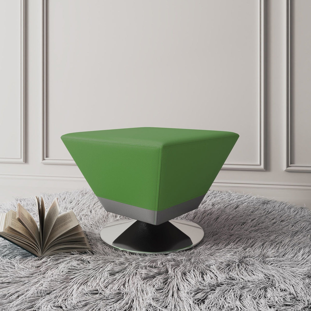 Diamond Accent Ottoman in bright green, rectangular accent ottoman against white paneled wall on Tampa Home & Garden Store