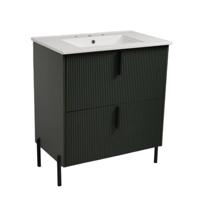 Bathroom vanity with fluted dark green cabinet and white ceramic sink top HouseOfZazla on Tampa Home & Garden Store