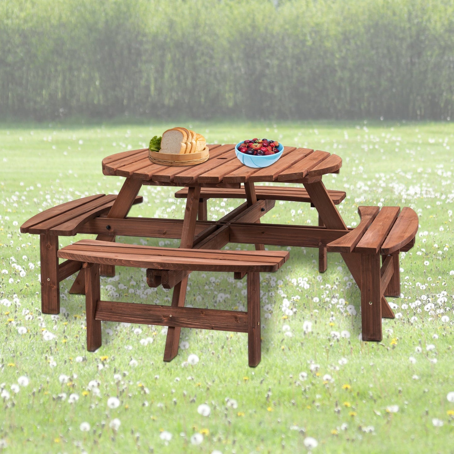 8-person brown wooden picnic table set with benches, bread basket and berry bowl on Tampa Home & Garden Store