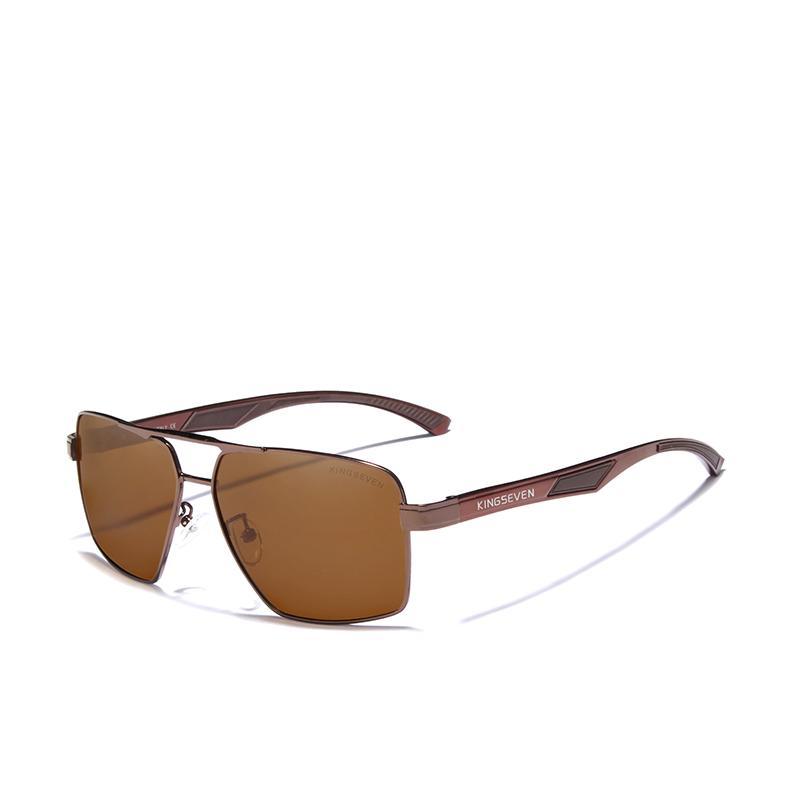 Men's aluminum sunglasses with brown polarized lenses, brown frame, Kingseven logo on temples on Tampa Home & Garden Store