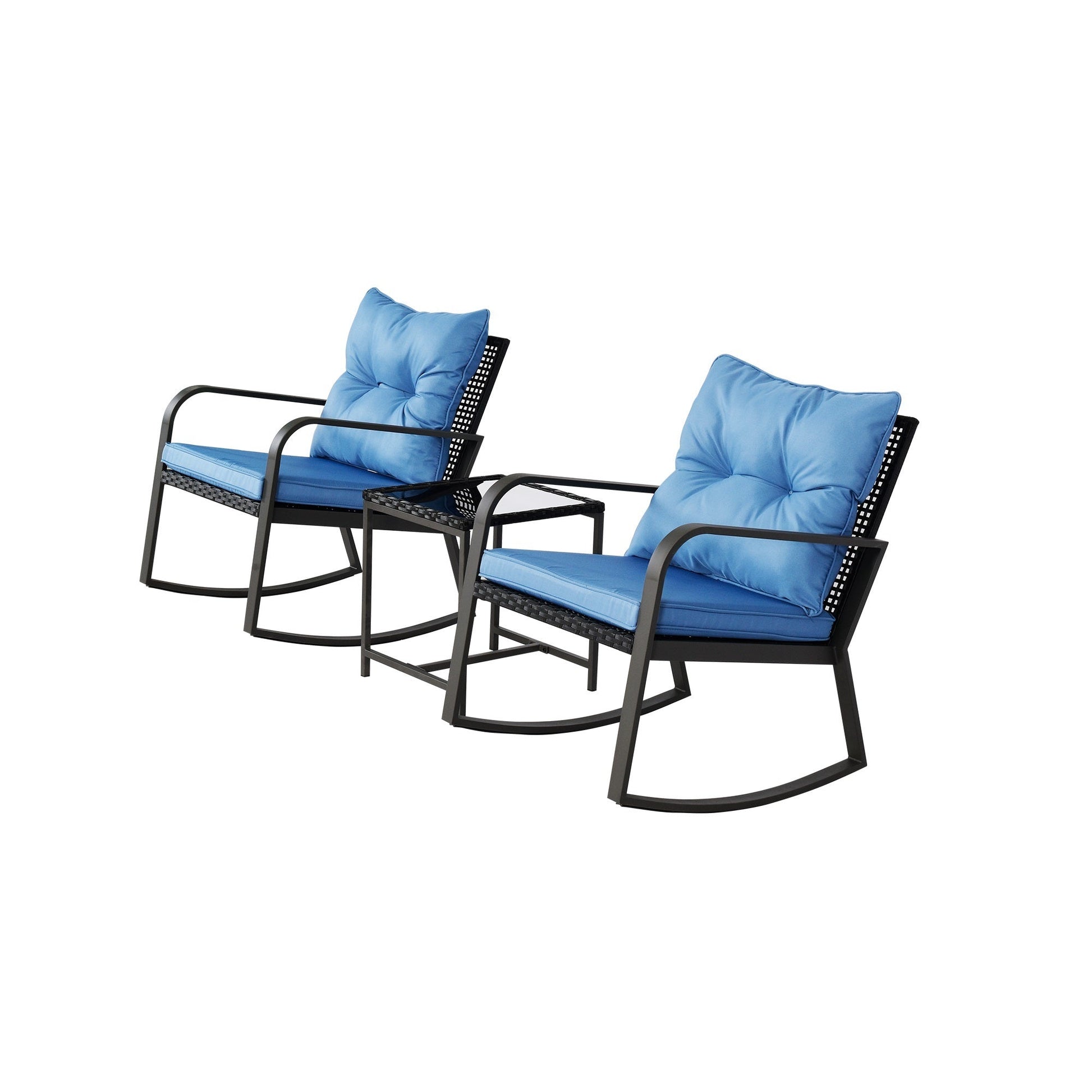 Patio rocker chairs with blue cushions, black metal frames, two outdoor seats HouseOfZazla on Tampa Home & Garden Store
