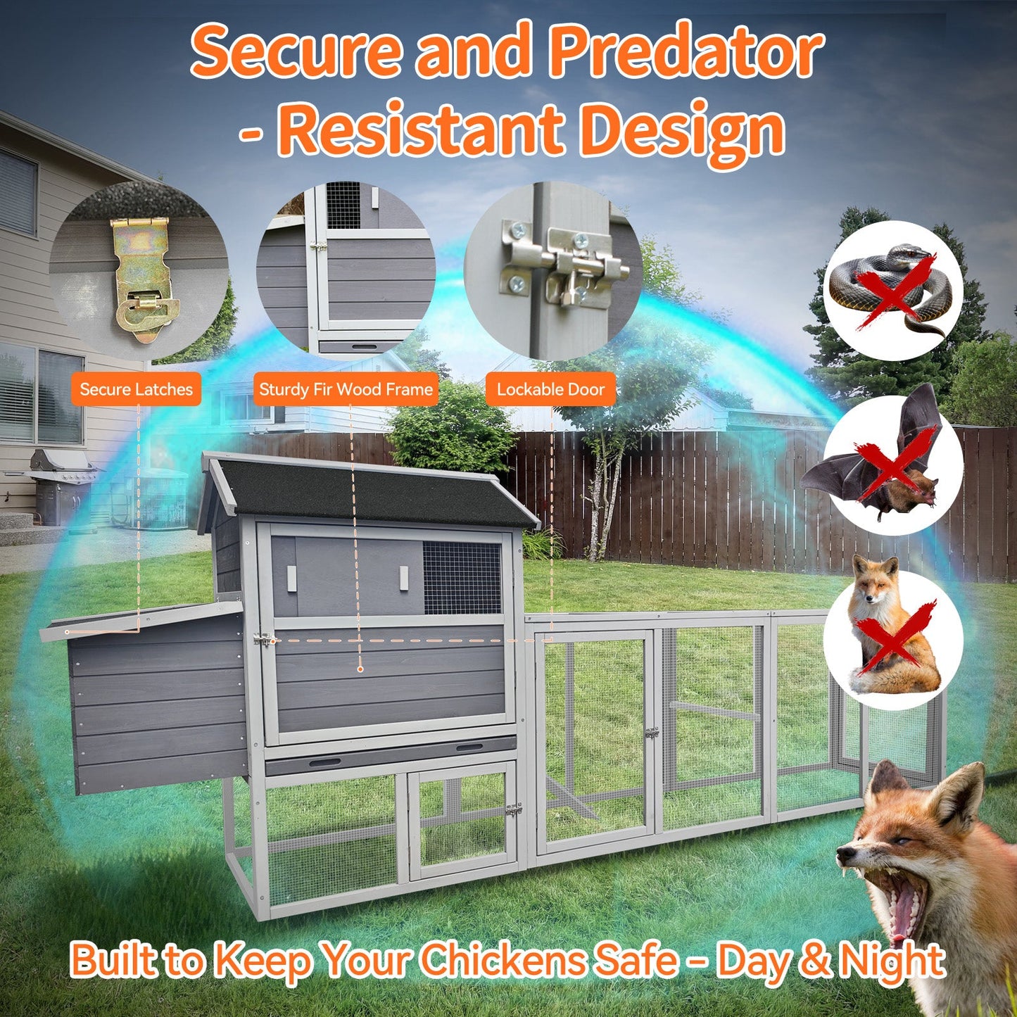 Gray wooden chicken coop with run and nesting box, sturdy fir wood frame, lockable door on Tampa Home & Garden Store