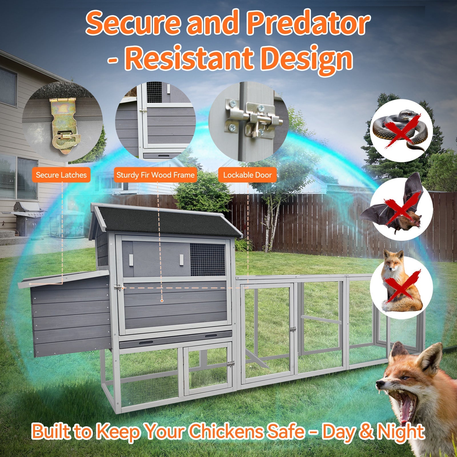 Gray wooden chicken coop with run and nesting box, sturdy fir wood frame, lockable door on Tampa Home & Garden Store