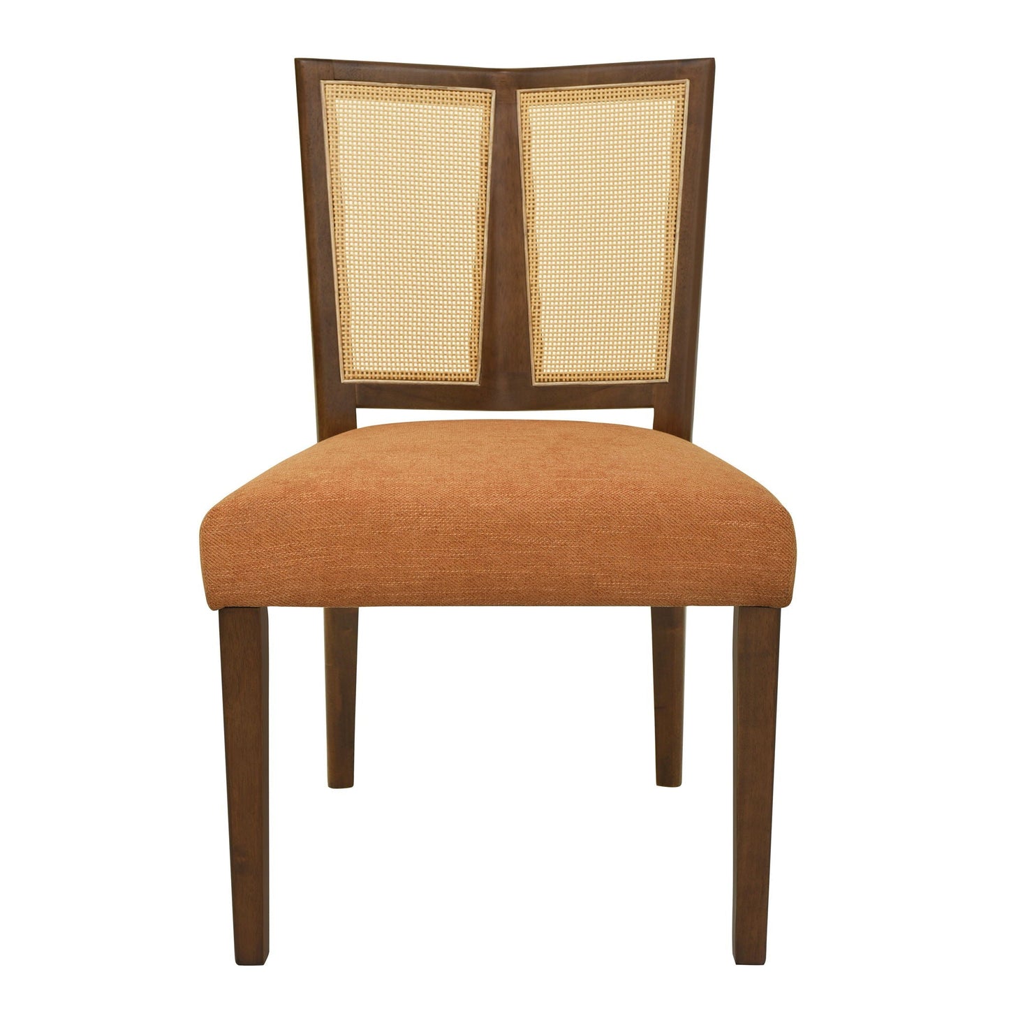 Mid Century Rattan Dining Chair Without Arms with caned back and orange seat on Tampa Home & Garden Store