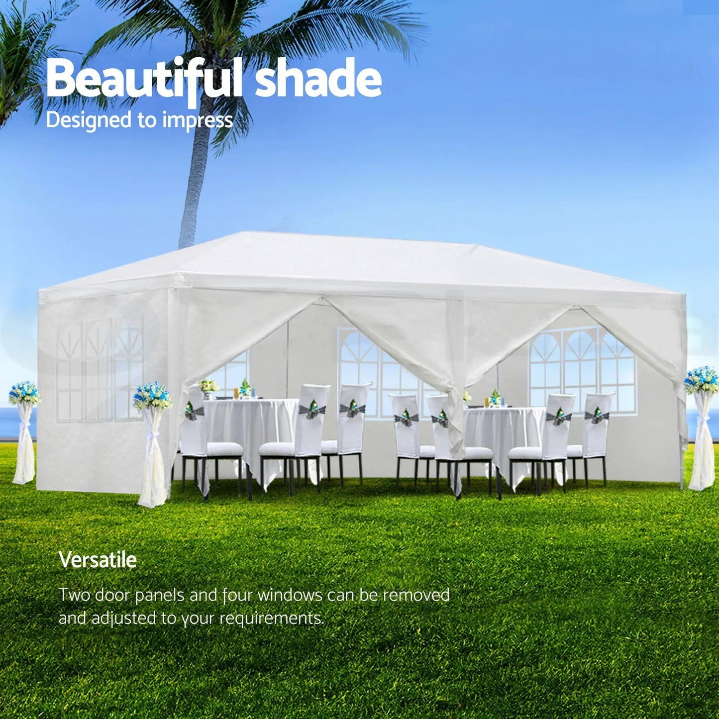 White wedding canopy tent with 6 removable sidewalls and windowed panels for events on grass on Tampa Home & Garden Store