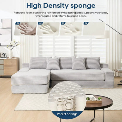 Modern L-shaped sectional sofa in light gray ribbed fabric with memory foam cushions on Tampa Home & Garden Store