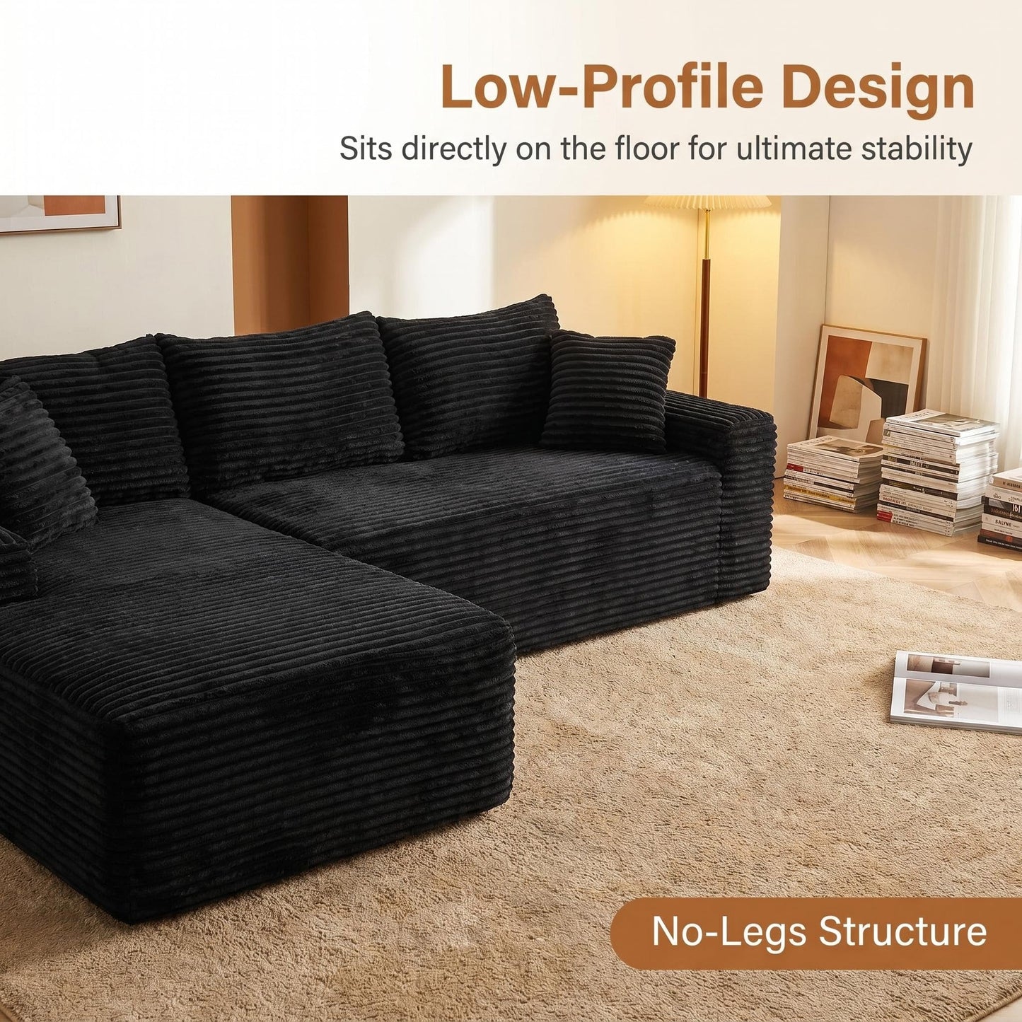 HouseOfZazla 94.5-inch cloud modular sectional with L-shaped chaise in black corduroy on Tampa Home & Garden Store