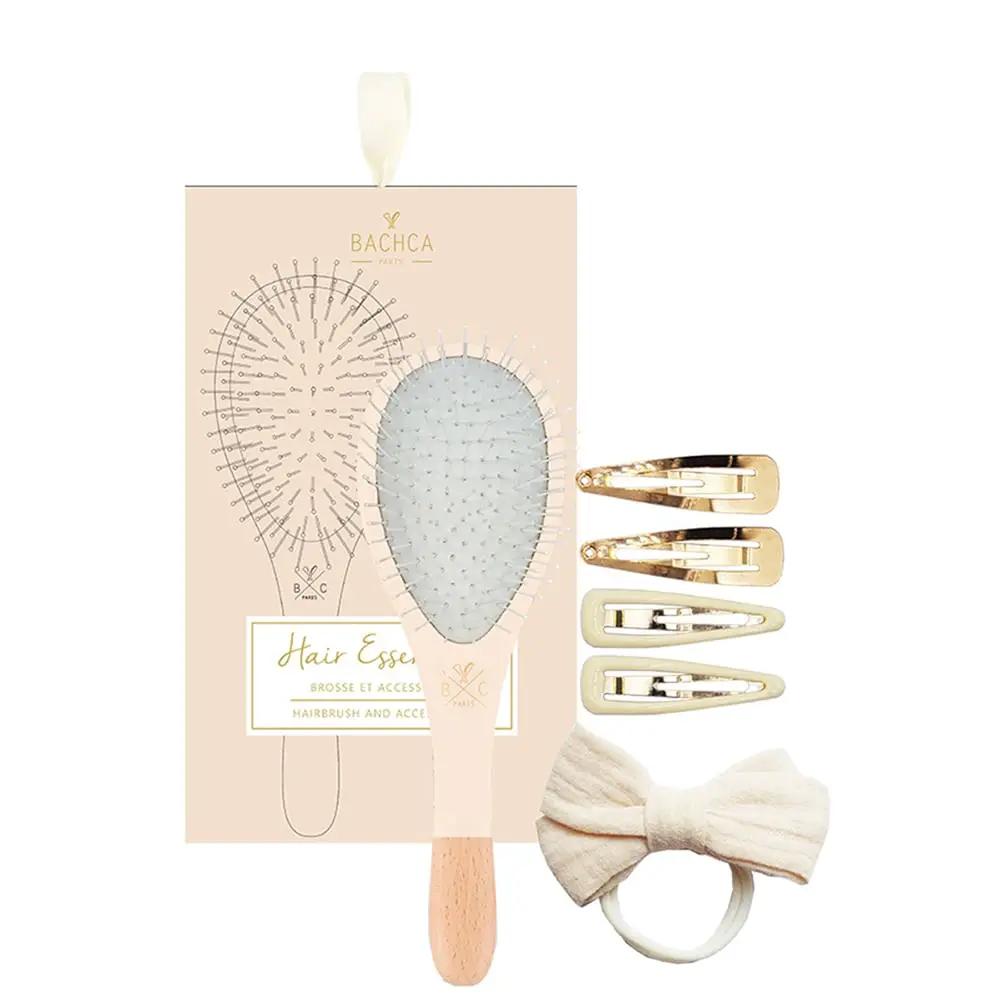 Bachca Hair Essentials 4-Piece Set Nava Beauty: oval brush, 4 clips, cream bow hair tie on Tampa Home & Garden Store