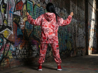 Pink graffiti print women's long sleeve fleece hoodie jacket by FLIPSTYLEZLLC in alley on Tampa Home & Garden Store