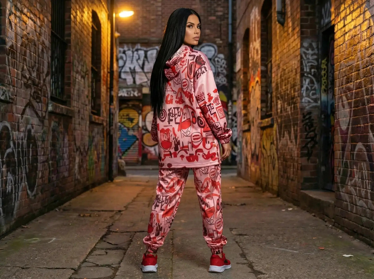Pink graffiti-scribble fleece hoodie jacket for women, long sleeves worn by model in an alley on Tampa Home & Garden Store