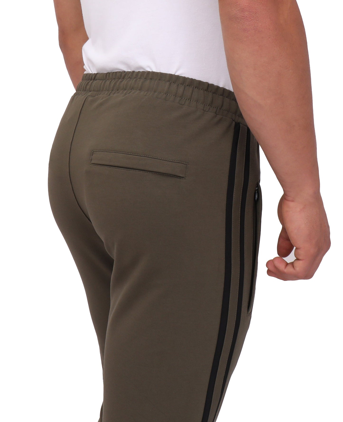 Ultimate Flex Jogger Sweatpants olive with back welt pocket and side stripe on Tampa Home & Garden Store