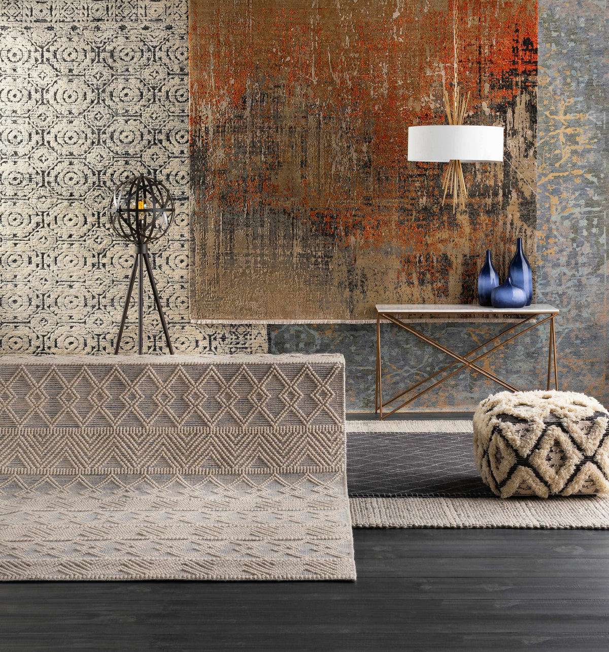 Farmingville area rug by Boutique Rugs, distressed multitone patchwork in beige rust and blue on Tampa Home & Garden Store