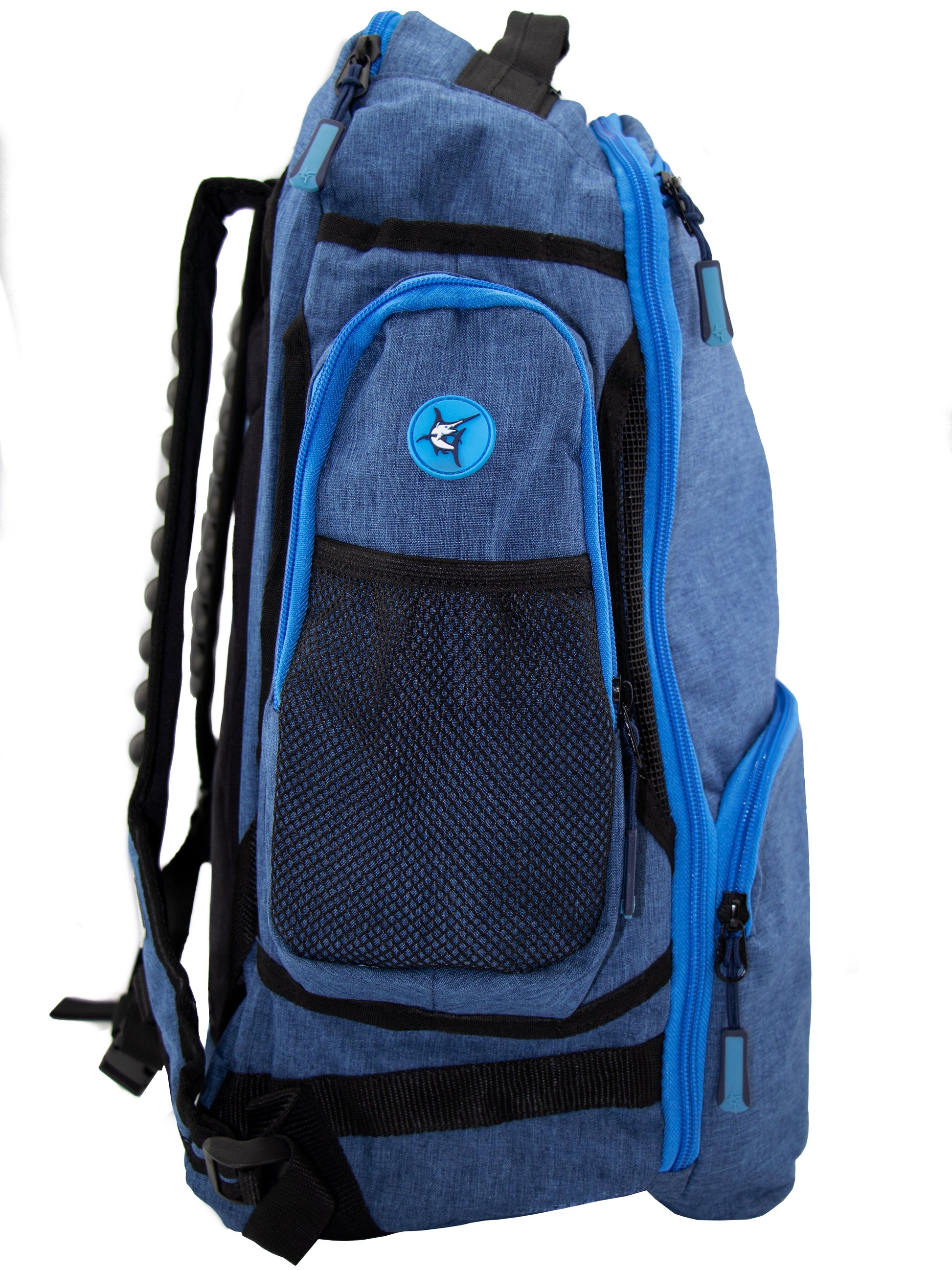Day Trip Backpack by White Water Life in blue denim with side mesh pocket on Tampa Home & Garden Store