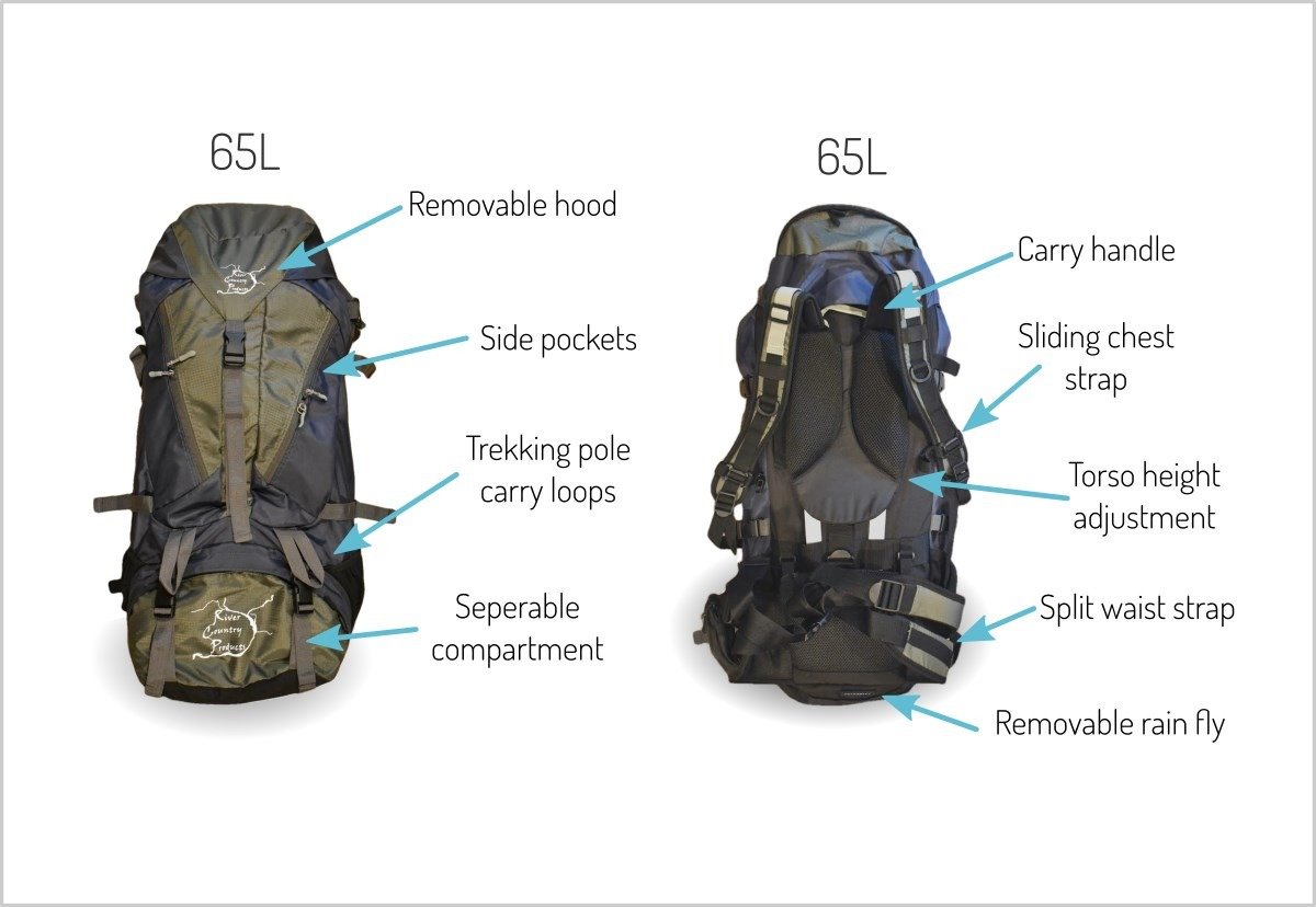 65L River Country Gear backpacking pack with removable hood and pockets trekking pole loops on Tampa Home & Garden Store