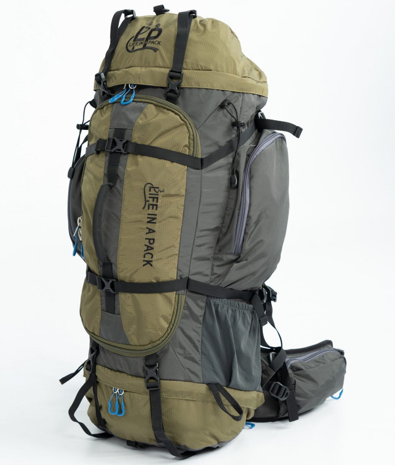 Backpacking pack 75+ liter by River Country Gear in olive/gray with multiple pockets on Tampa Home & Garden Store