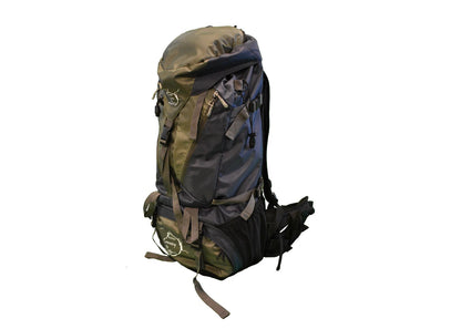 River Country Gear 65 Liter Backpacking Pack in olive green with gray accents and straps on Tampa Home & Garden Store