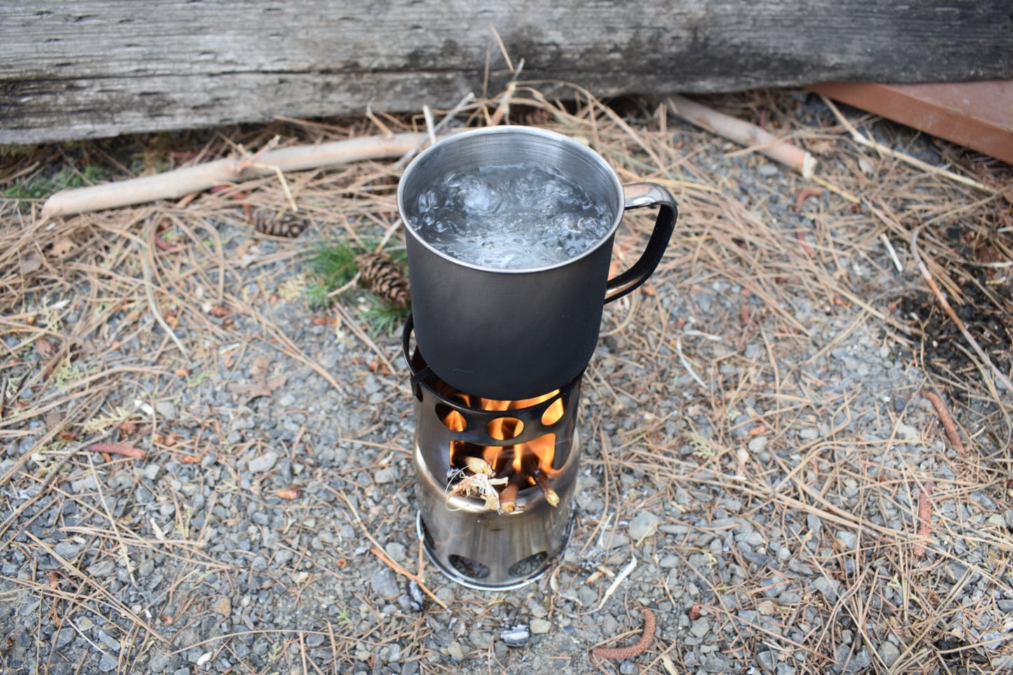 Bio Fuel Stove metal camping stove by River Country Gear with boiling water in pot on Tampa Home & Garden Store