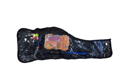 Fishing kit River Country Gear in a clear-window black zipper pouch with orange tackle box and lures on Tampa Home & Garden Store