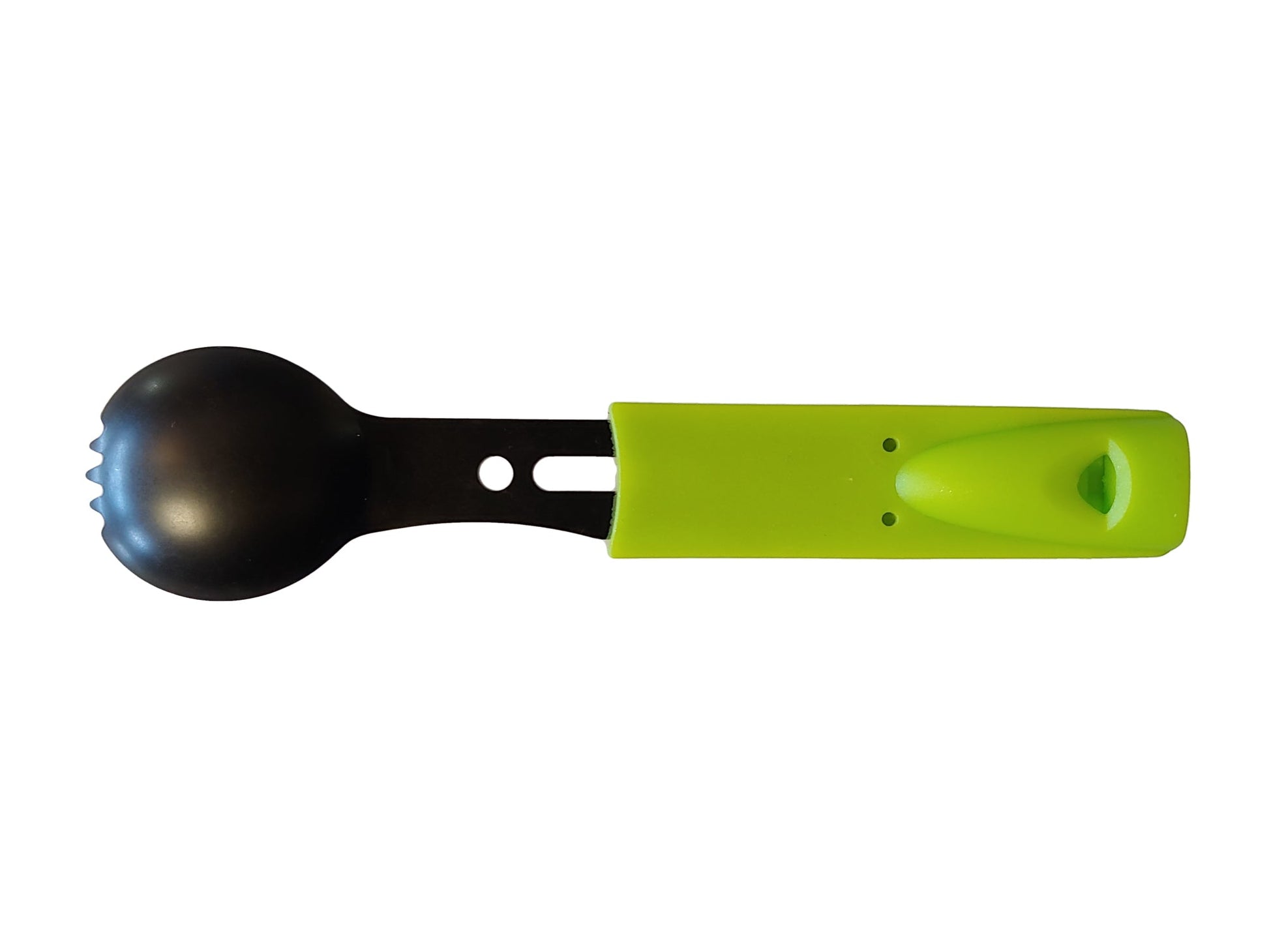 Spork camping utensil, lime green handle with black metal head by River Country Gear on Tampa Home & Garden Store