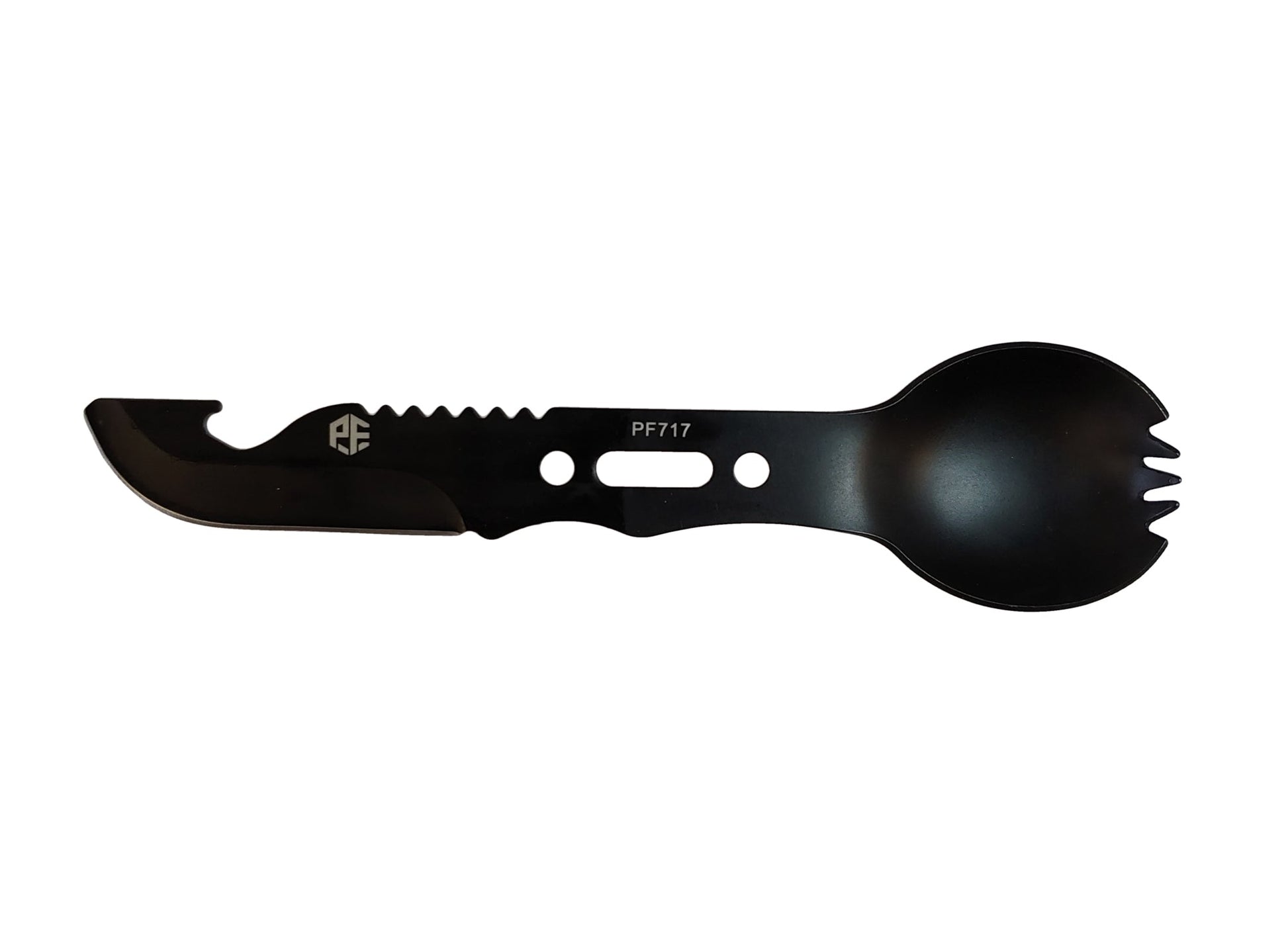 Spork River Country Gear black camping utensil with serrated edge and fork tines on Tampa Home & Garden Store