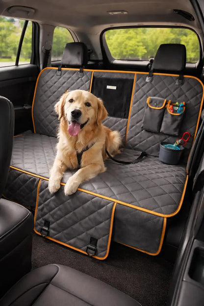 Luxury dog car seat cover hammock in grey quilted fabric with orange trim, Max & Rex Collection on Tampa Home & Garden Store