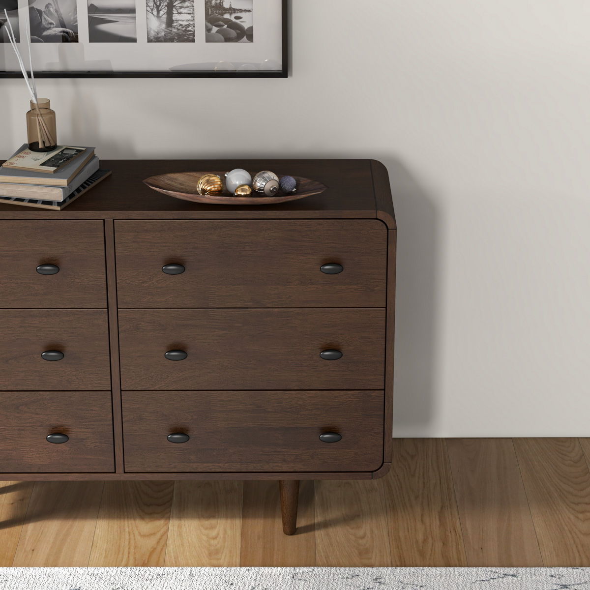 Mid-Century Modern Dresser brown solid wood, six-drawer with rounded edges, top tray spheres on Tampa Home & Garden Store