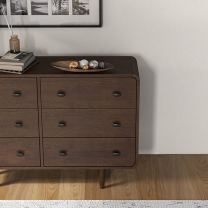 Mid-Century Modern Dresser brown solid wood, six-drawer with rounded edges, top tray spheres on Tampa Home & Garden Store