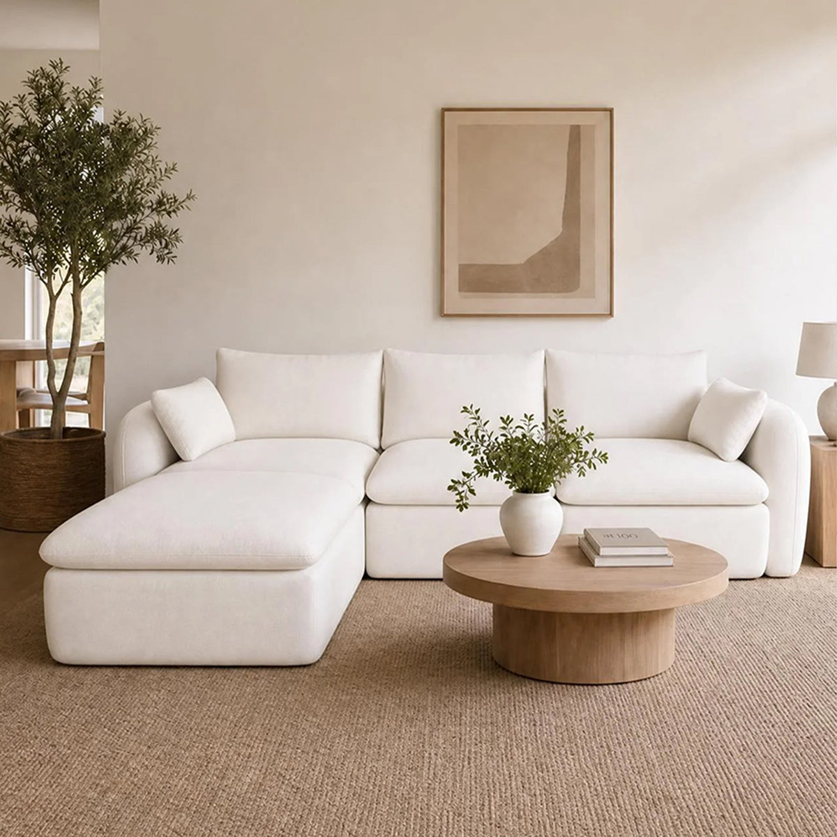 Fully Sponge Compressed Sectional Sofa in white fabric with plush cushions in a calm living room on Tampa Home & Garden Store