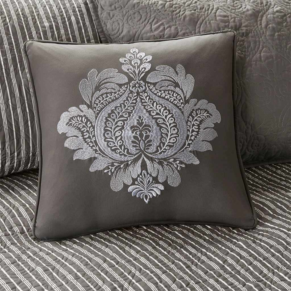 6 Piece Reversible Daybed Cover Set Dark pillow with silver embroidery on gray satin on Tampa Home & Garden Store