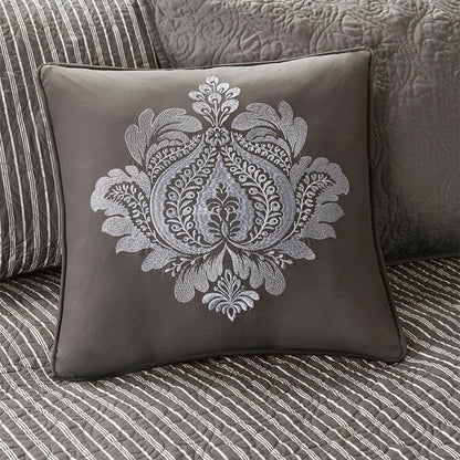 6 Piece Reversible Daybed Cover Set Dark pillow with silver embroidery on gray satin on Tampa Home & Garden Store