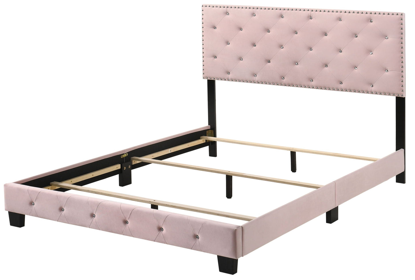HouseOfZazla pink upholstered bed with tufted headboard and nailhead trim on black frame on Tampa Home & Garden Store