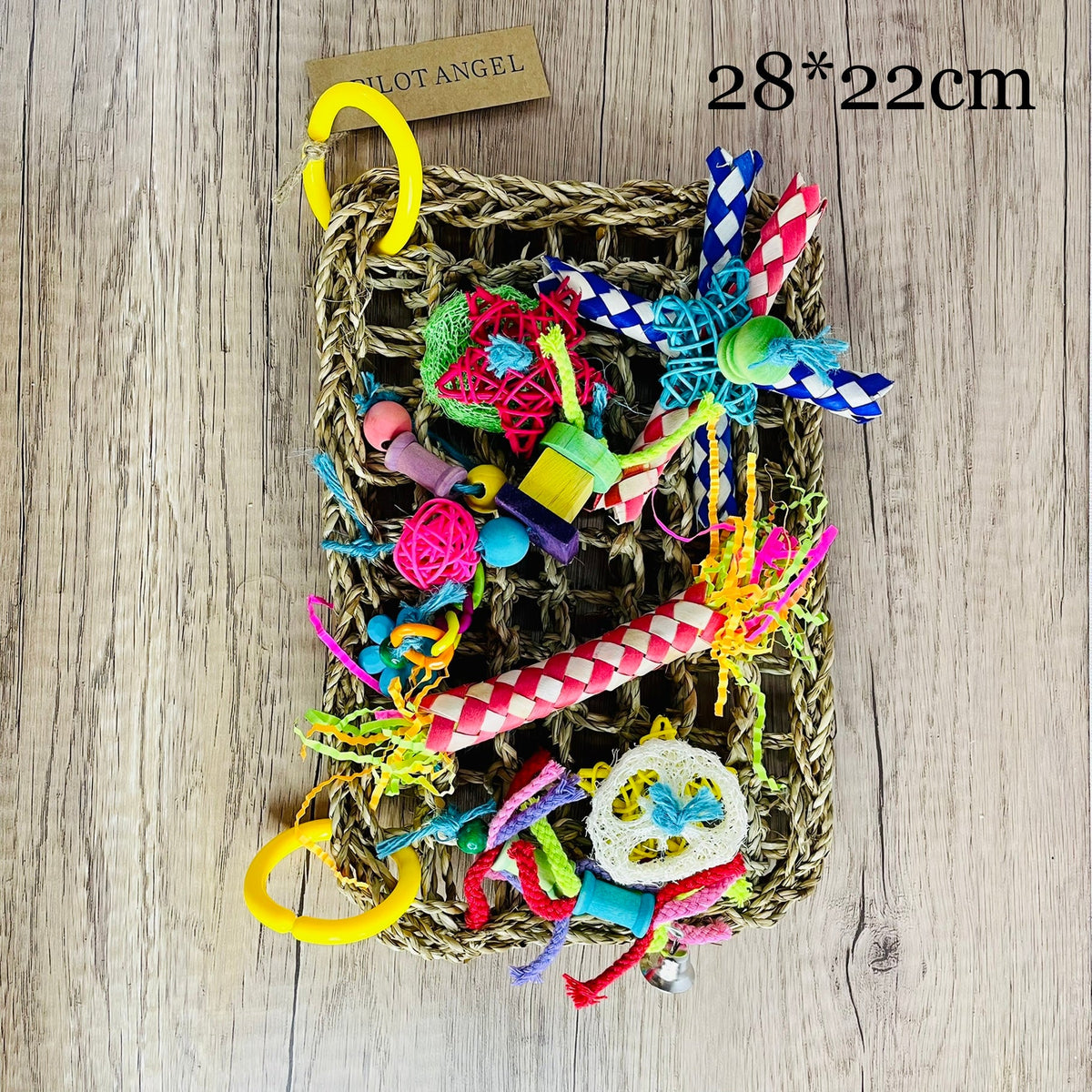 Parrot toy woodskin hand-woven cage accessory with colorful ropes and balls in a woven basket on Tampa Home & Garden Store