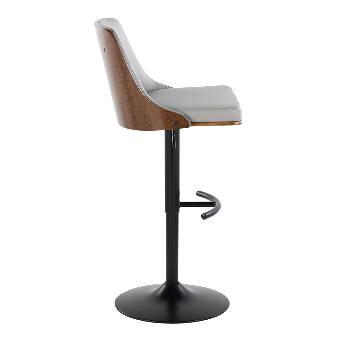 Midcentury barstool with gray upholstered seat, wood shell, swivel base, rounded T-footrest on Tampa Home & Garden Store