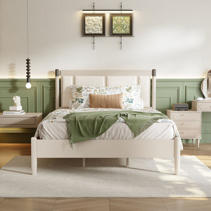 Solid Wood Queen Bed by HouseOfZazla with white frame and upholstered headboard in green bedroom on Tampa Home & Garden Store