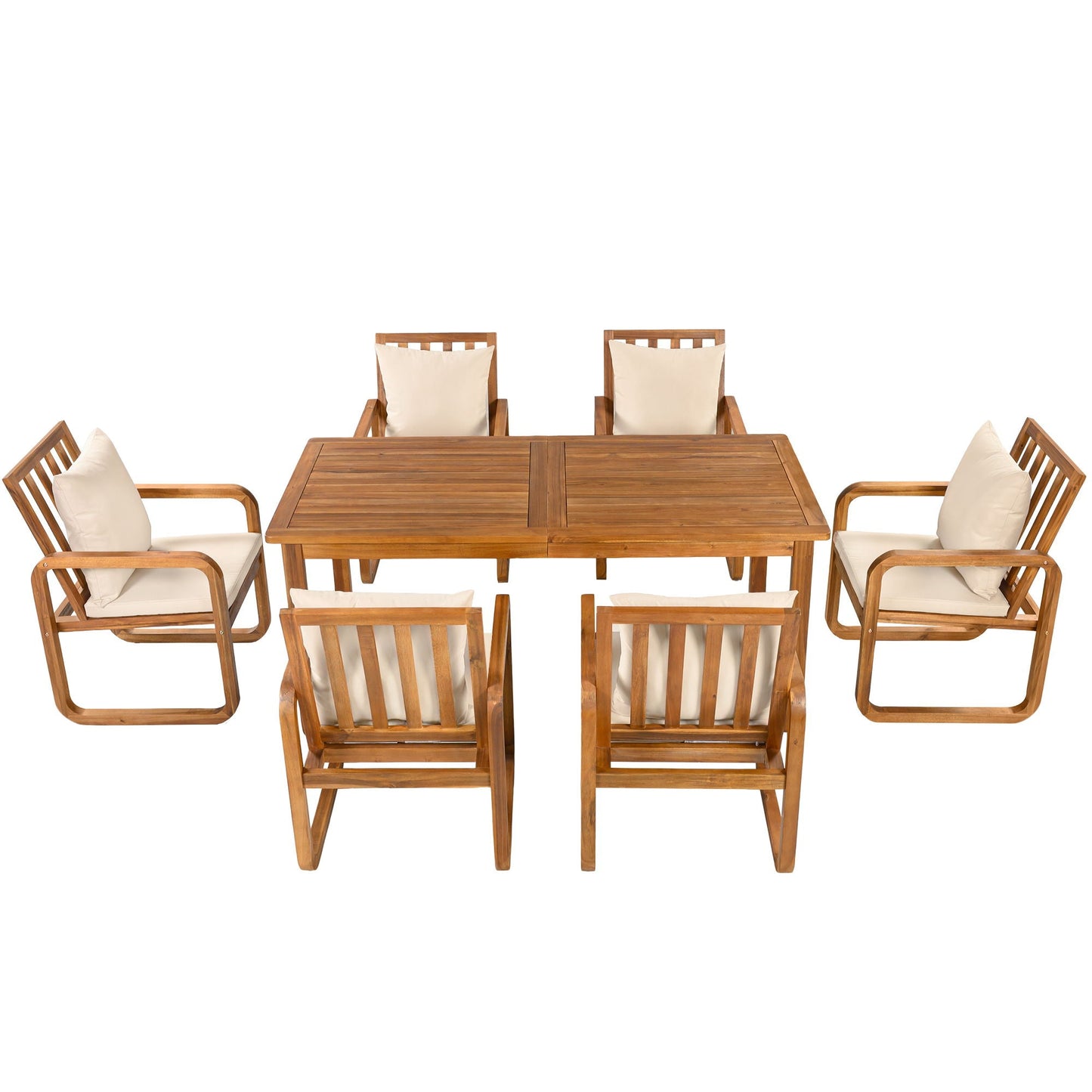7 Piece Outdoor Patio Dining Set with Removable Cushions wooden table and beige cushioned chairs HouseOfZazla on Tampa Home & Garden Store