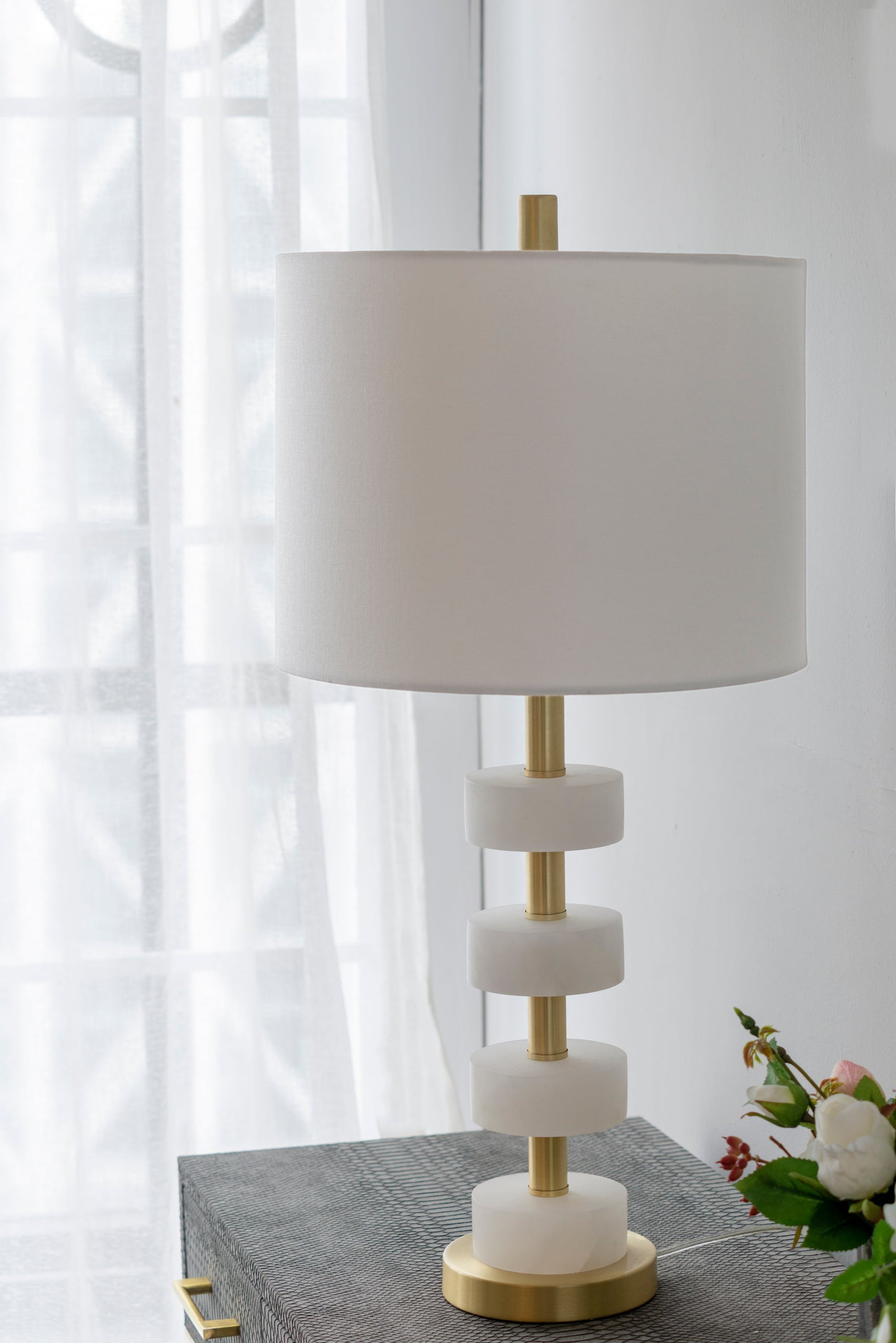 13x13x26 Marble table lamp with white marble discs, brass stem on Tampa Home & Garden Store