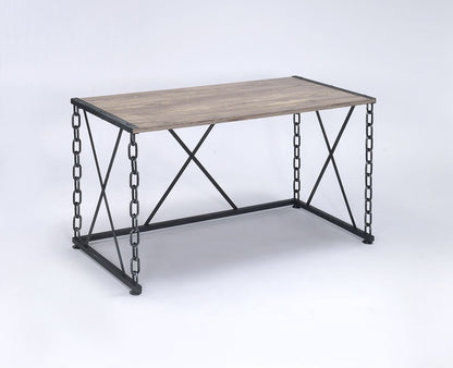 Jodie Console Table rustic oak top with antique black metal frame, chain accents and X-brace on Tampa Home & Garden Store