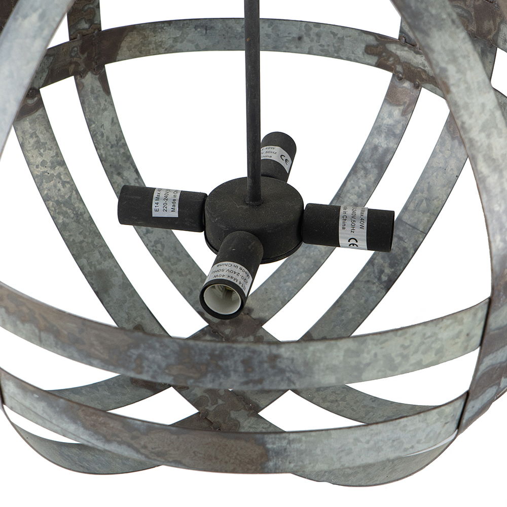 4-light gray galvanized chandelier with orb frame and adjustable chain bulbs not included on Tampa Home & Garden Store