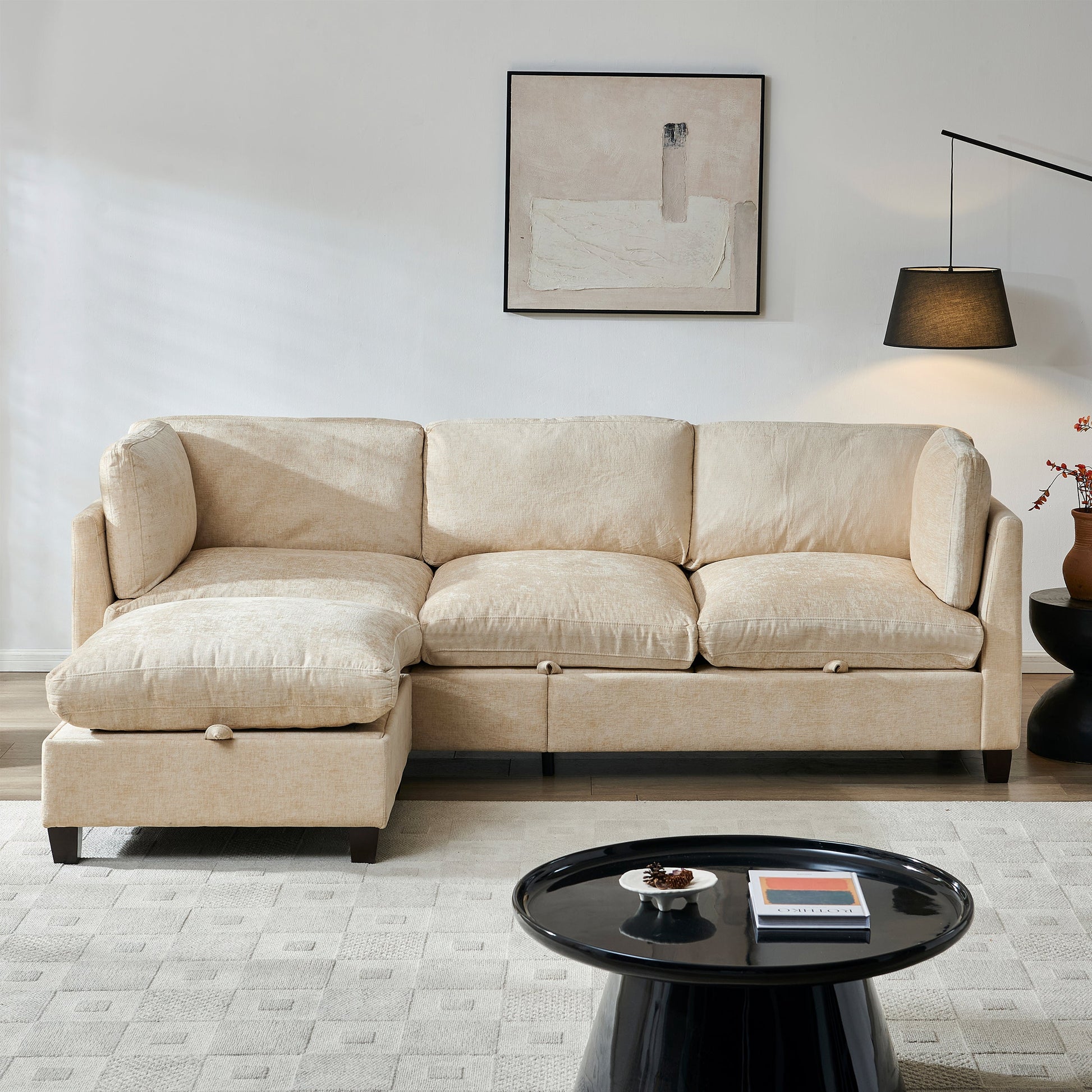 96.5in beige L-shaped sectional sofa with ottoman by HouseOfZazla on Tampa Home & Garden Store