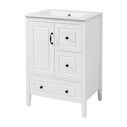 White retro vanity with ceramic sink, left door and right three-drawer unit with black hardware on Tampa Home & Garden Store