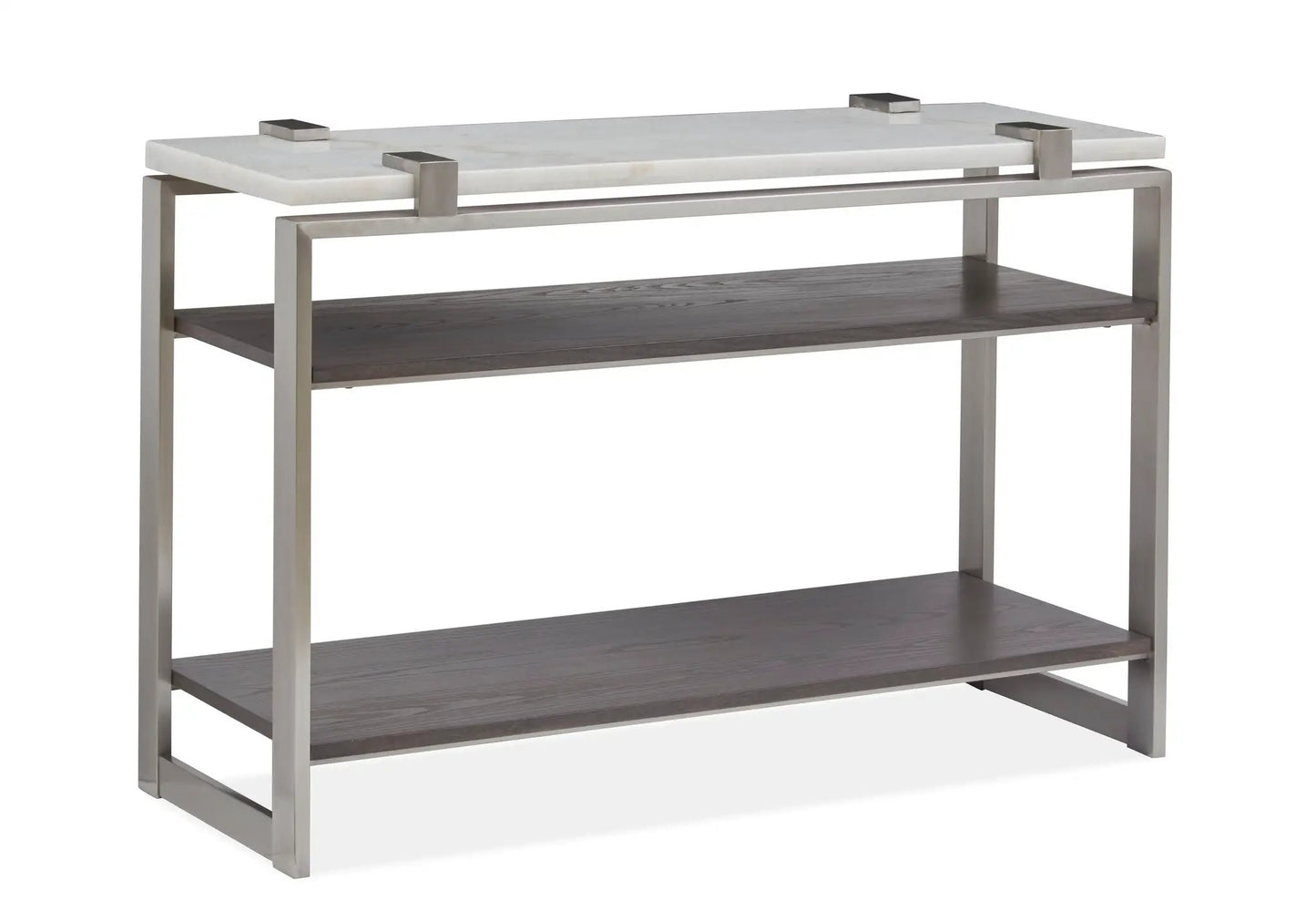 Paradox Rectangular End Table white marble top, stainless frame, dark wood shelf on Tampa Home & Garden Store