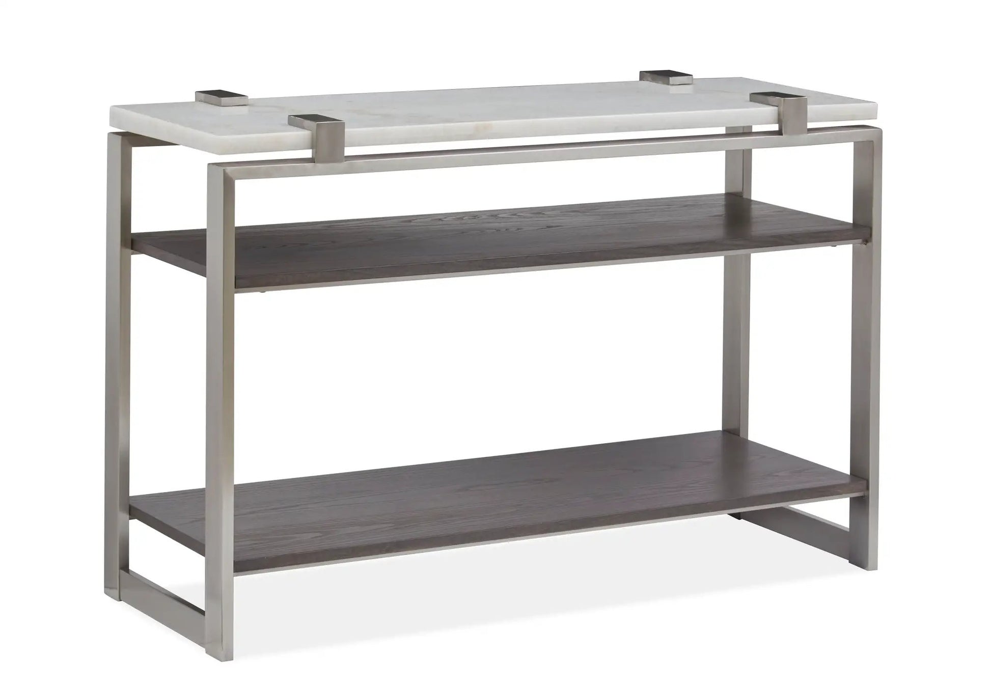Paradox Rectangular End Table white marble top, stainless frame, dark wood shelf on Tampa Home & Garden Store