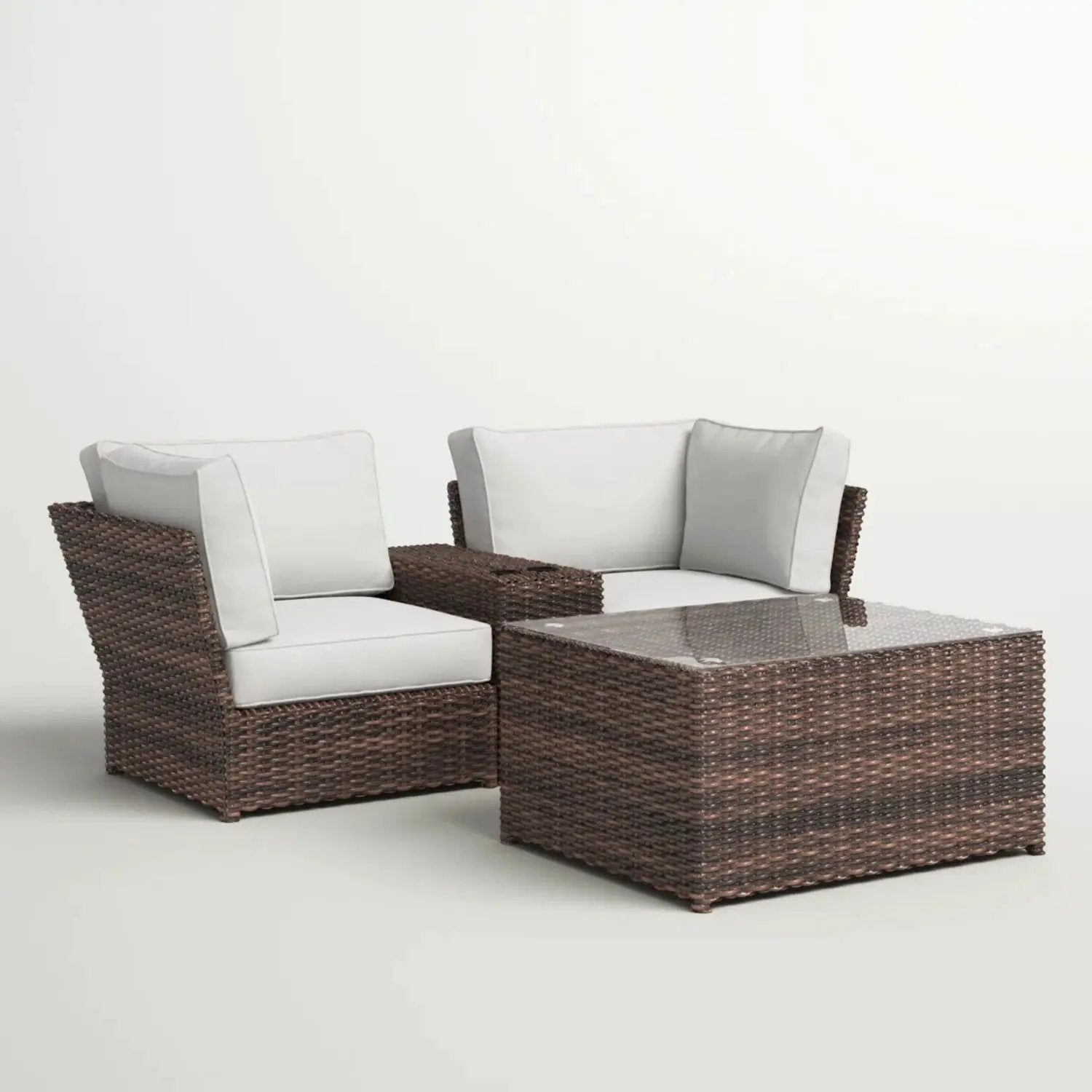 Comfortable Modern Patio Rattan 3-piece outdoor set with white cushions and glass-top table on Tampa Home & Garden Store