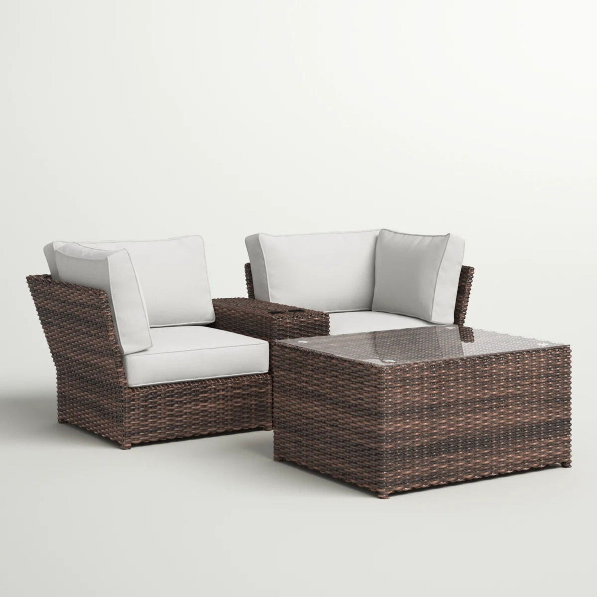 2 piece outdoor brown rattan sectional set with light gray cushions and glass-top coffee table on Tampa Home & Garden Store