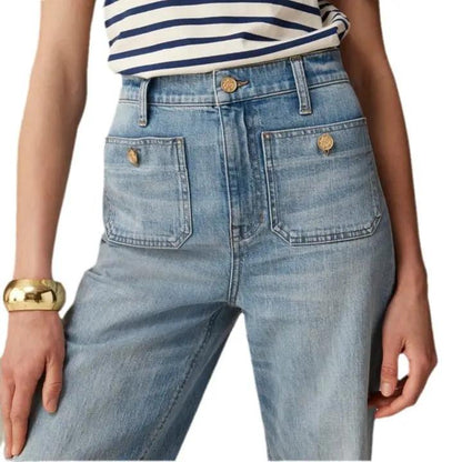Loose Leisure Washed-out Button Slightly Flared Jeans FLIPSTYLEZLLC denim with gold buttons on Tampa Home & Garden Store