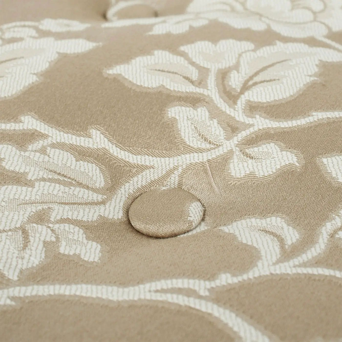 Yolanda round ottoman beige fabric with white leaf motif, button tuft Unique Piece Furniture on Tampa Home & Garden Store