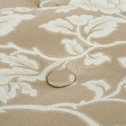 Yolanda round ottoman beige fabric with white leaf motif, button tuft Unique Piece Furniture on Tampa Home & Garden Store