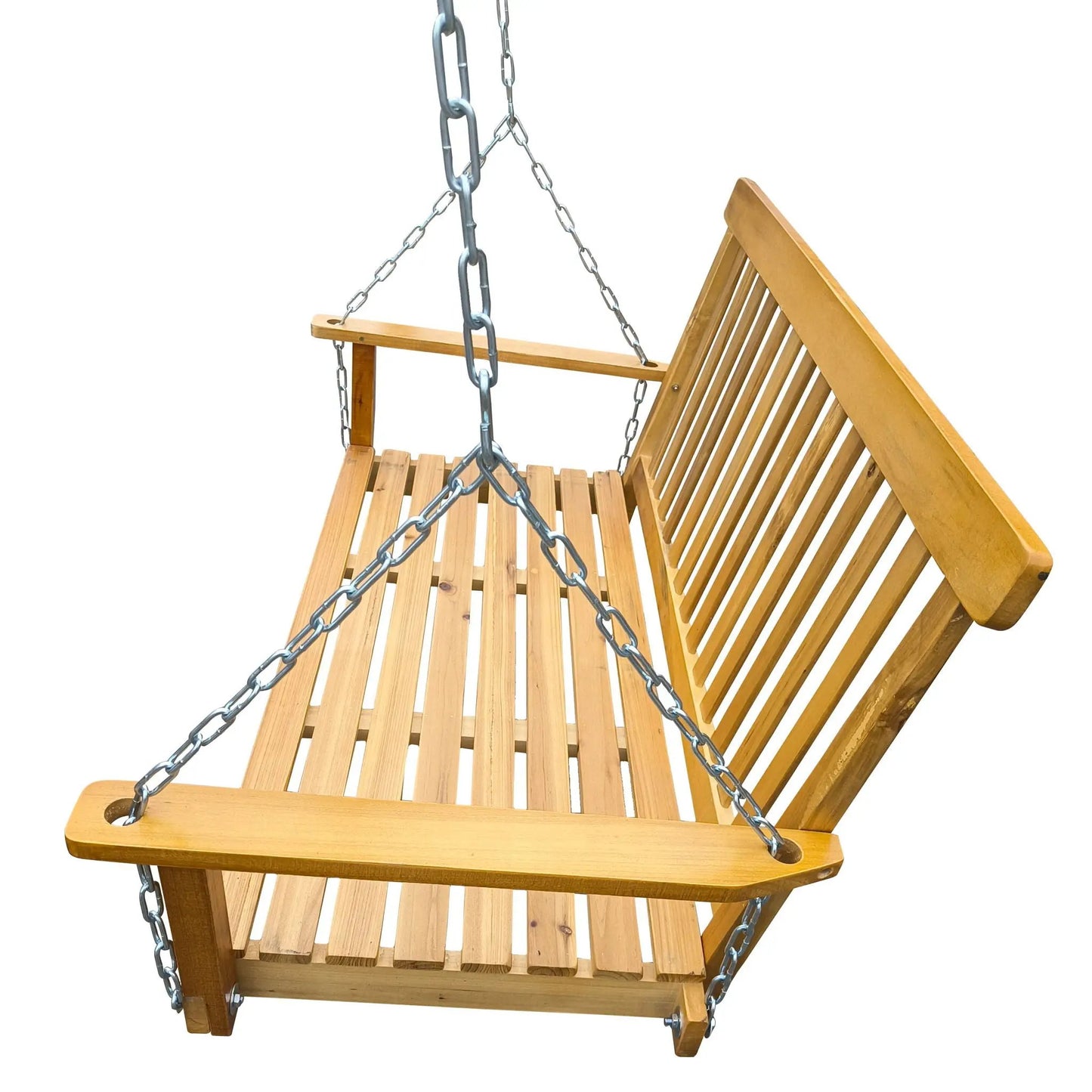 Patio swing with armrests, wooden slat seat and back, chain suspension on Tampa Home & Garden Store