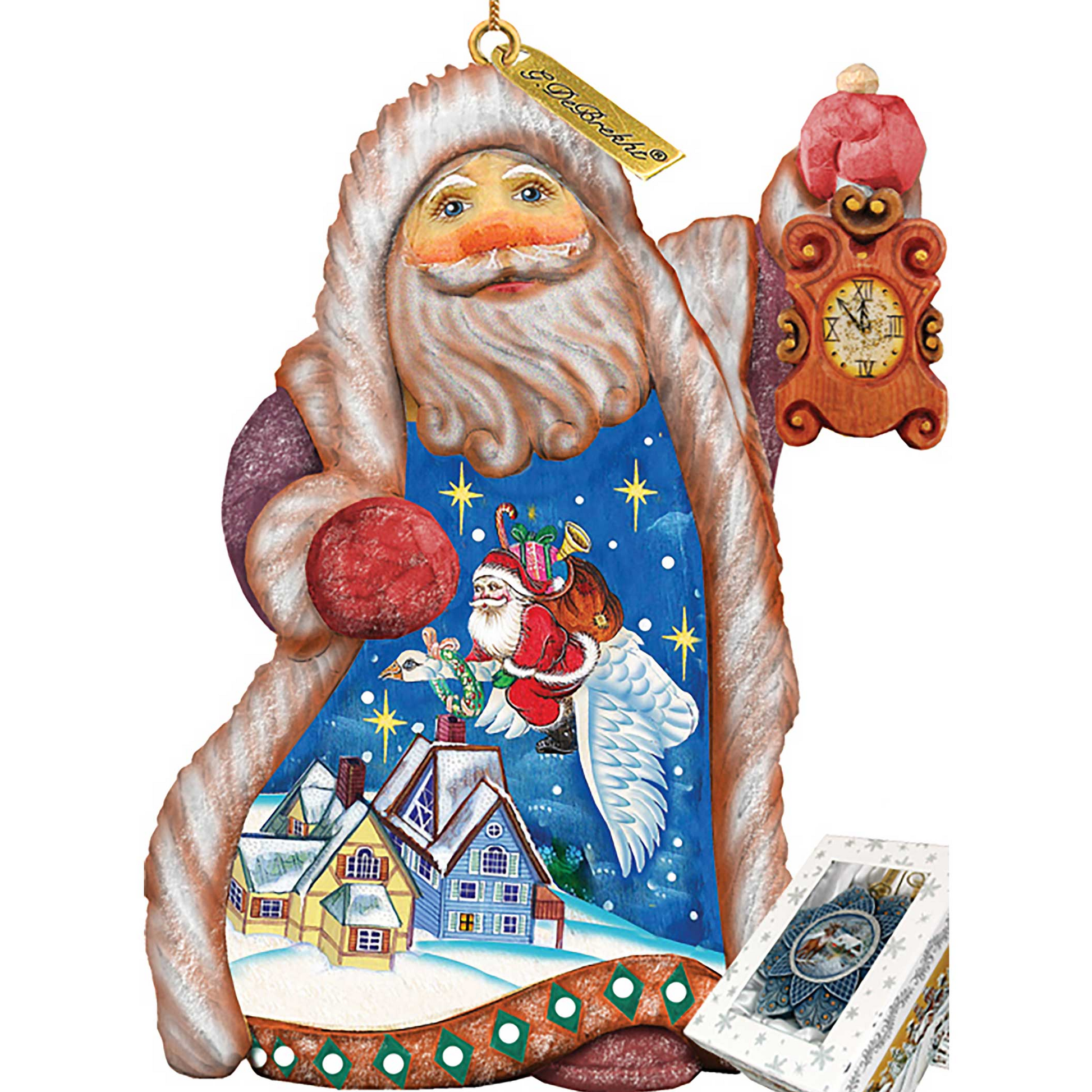 Santa Goose Sculpted Hand-Painted Ornament by G. DeBrekht with blue village scene on Tampa Home & Garden Store