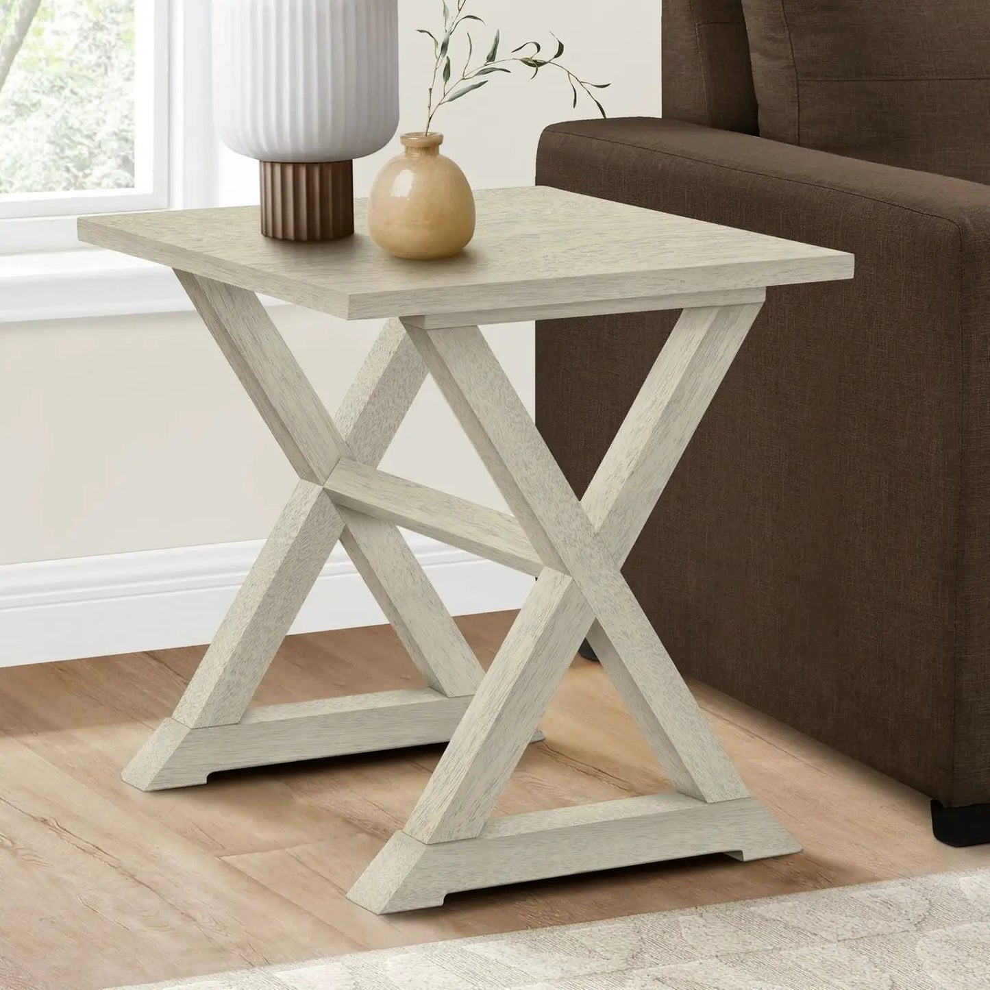 Compact Accent End Table square, light distressed white wood with cross-legged X-frame on Tampa Home & Garden Store